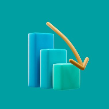 Aşağı ok ve renkli dikdörtgenlere sahip grafik simgesi Pastel arkaplan üzerinde basit 3d resimleme.