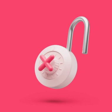 Padlock unlocked icon with red cross simbol simple 3d render illustration on green background