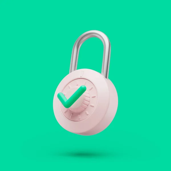 Padlock locked icon with green check simbol simple 3d render illustration on green background — Stockfoto