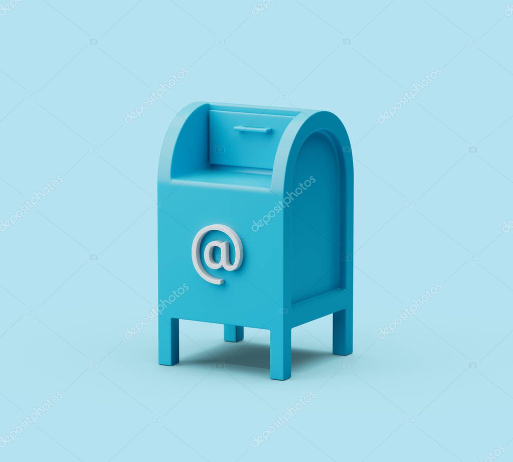 Simple postbox icon 3d render illustration in pastel blue background. Soft shadows