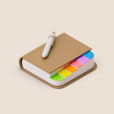 Renkli etiketli kahverengi defter ve pastel arka planda kalem. Isome Manzarası. Basit 3d görüntüleme.
