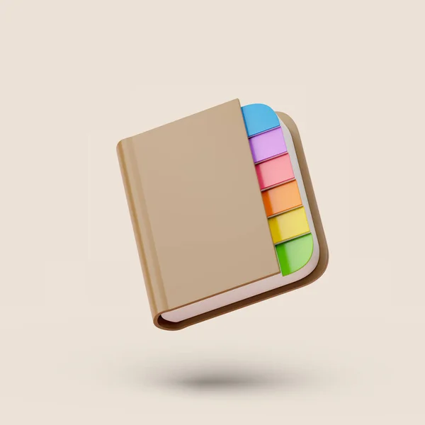 Brown Note book s barevnými štítky na pastelovém pozadí. Jednoduchá 3D ilustrace. — Stock fotografie