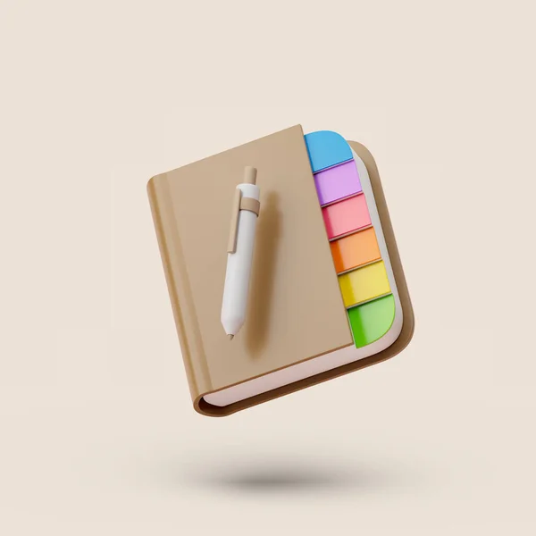 Braunes Notizbuch mit farbigen Etiketten und Stift auf pastellfarbenem Hintergrund. Einfache 3D-Darstellung. — Stockfoto