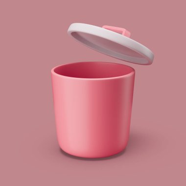 Plastik kutu ya da çöp tenekesini aç. Pastel arkaplan üzerinde basit 3d görüntüleme.