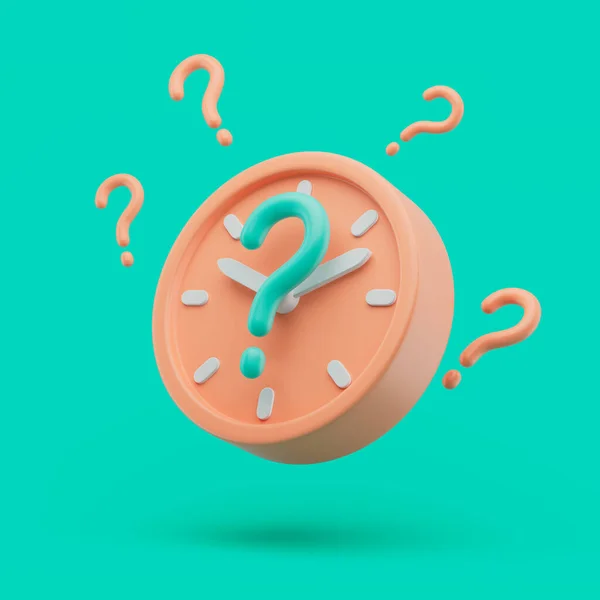 Circle clock icon with question symbols. Simple 3d render illustration on vibrant background.