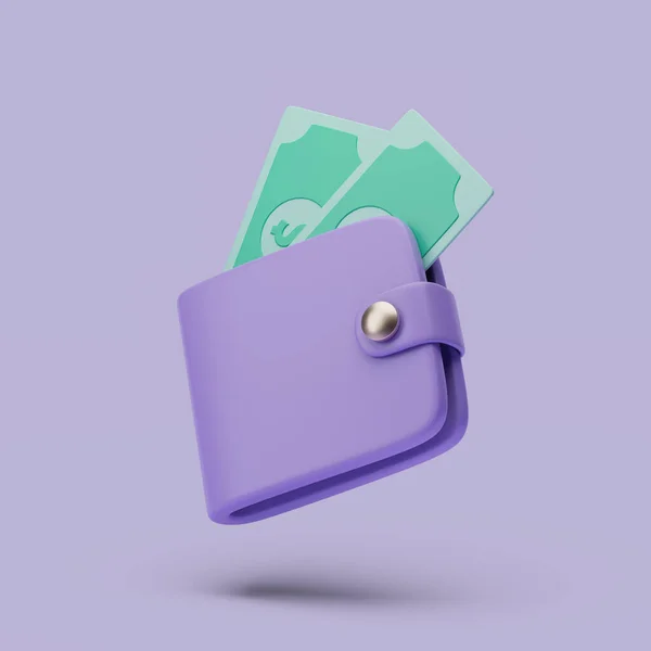 Dompet dengan ikon uang tunai. 3d ilustrasi render sederhana di latar belakang pastel. — Stok Foto