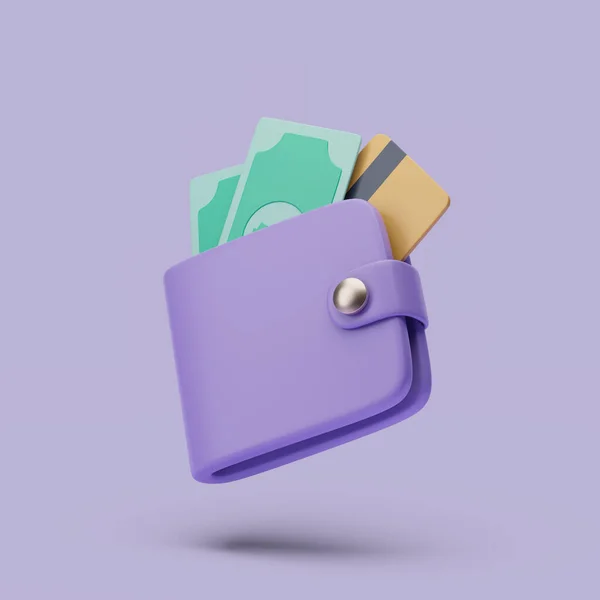 Carteira com ícone de dinheiro e carrinho de crédito. 3d simples renderização ilustração no fundo pastel. — Fotografia de Stock
