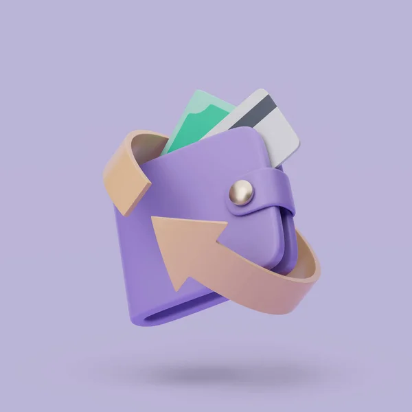 Brieftasche mit Cashback-Symbol. 3D einfache Darstellung auf pastellfarbenem Hintergrund. — Stockfoto
