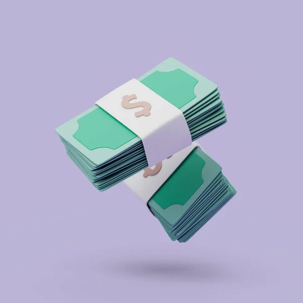 Bündel Bargeld auf violettem Hintergrund. Geld sparen, bargeldlos. Einfache 3D-Darstellung. — Stockfoto