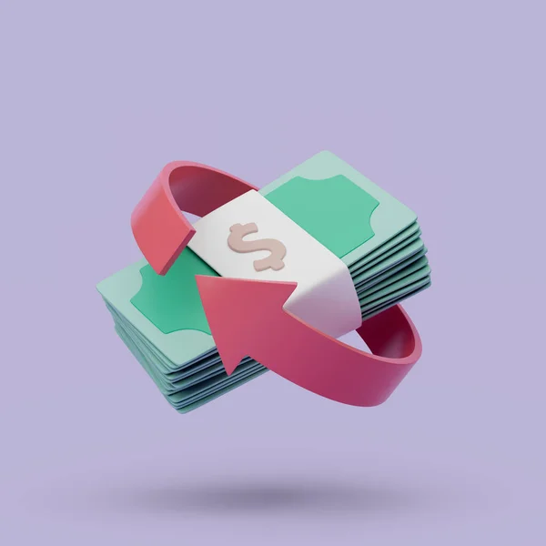 Cashback-Symbol auf lila Hintergrund. Geld sparen, bargeldlos. Einfache 3D-Darstellung. — Stockfoto