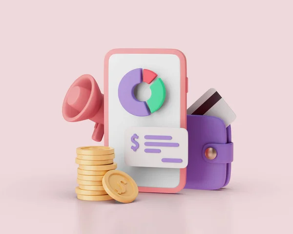 Finanční zpráva s kruhovým grafem, peněženkou, gramofonem a mincemi na koncepci chytrého telefonu. Jednoduchá 3D ilustrace — Stock fotografie