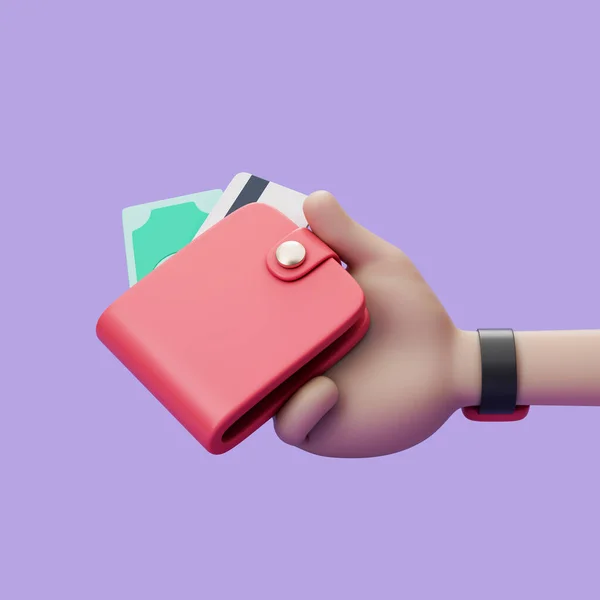 Мультфильм рука держит бумажник с банкнотой и кредитной картой на фиолетовом фоне. Простая трехмерная иллюстрация. — стоковое фото