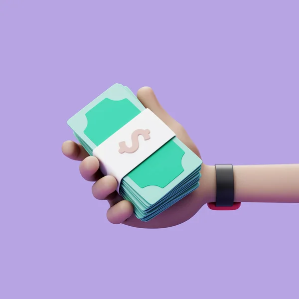 Мультяшна рука тримає грошовий пакет на фіолетовому фоні. Проста 3D ілюстрація рендеринга . — стокове фото