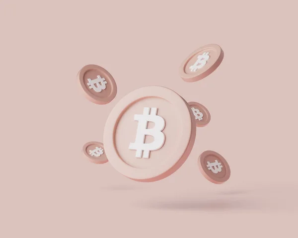 Cryptocurrency A bitcoinok pasztell háttérrel lebegnek. 3d illusztráció lágy fényekkel. — Stock Fotó