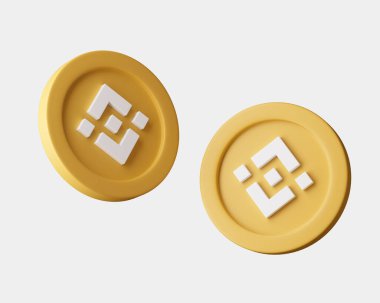 Beyaz arka planda farklı bakış açılarından şifreli Binance paraları. Yumuşak ışıklandırmalı 3D resimleme.
