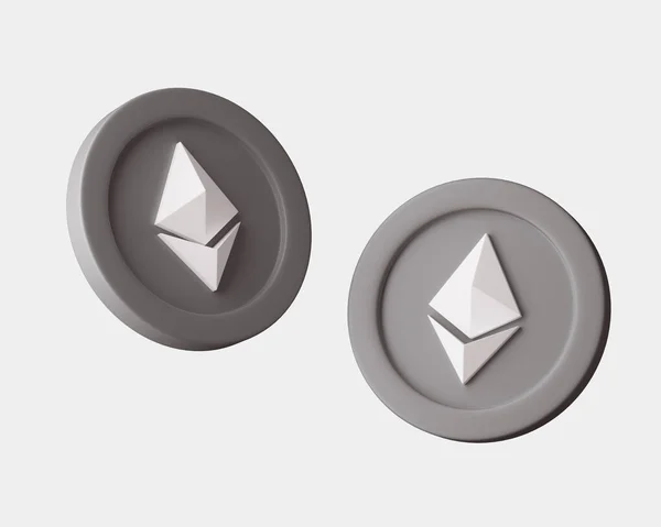 Cryptogeld Ethereum munten uit verschillende gezichtspunten op een witte achtergrond. 3d illustratie weergeven met zachte verlichting. — Stockfoto