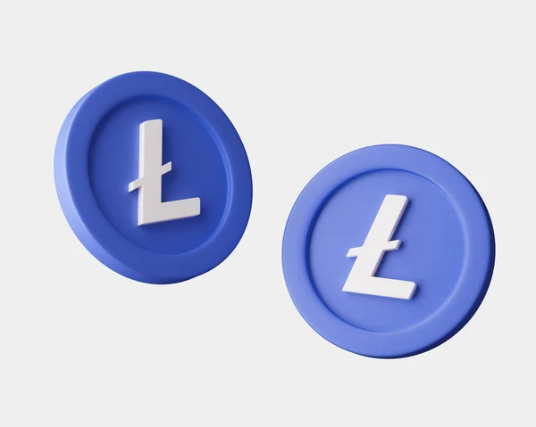 Cryptocurrency Litecoins különböző nézőpontokból, fehér háttérrel. 3d illusztráció lágy fényekkel. — Stock Fotó