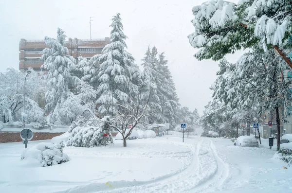 Madrid España Enero 2021 Calles Madrid Cubiertas Las Nevadas Más — Foto de Stock