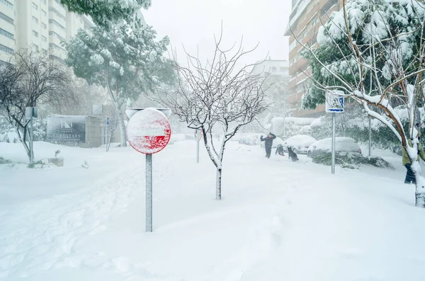 Madrid España Enero 2021 Calles Madrid Cubiertas Las Nevadas Más — Foto de Stock