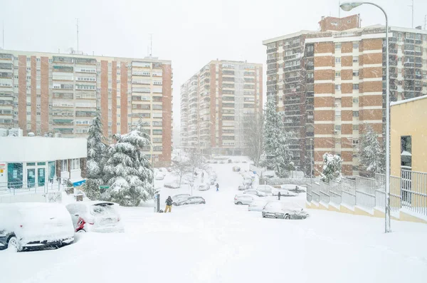 Madrid Ισπανια Ιανουαριου 2021 Δρόμοι Της Μαδρίτης Καλυμμένοι Βαρύτερη Χιονόπτωση — Φωτογραφία Αρχείου