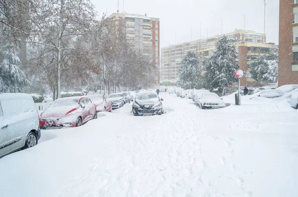 MADRID, SPAIN - 9 Ocak 2021: Madrid sokakları son 50 yılın en yoğun kar yağışı ile kaplandı, Fırtına Filomena sırasında