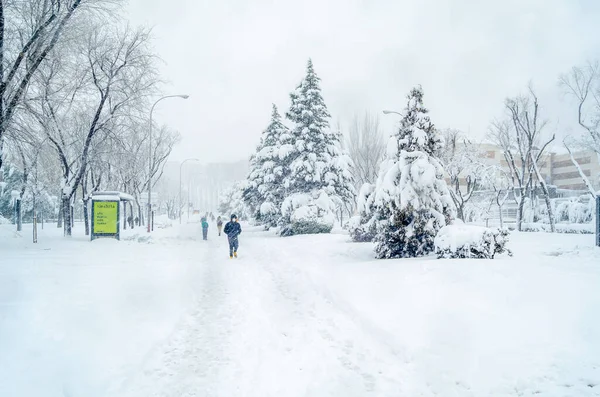 Madrid España Enero 2021 Calles Madrid Cubiertas Las Nevadas Más — Foto de Stock