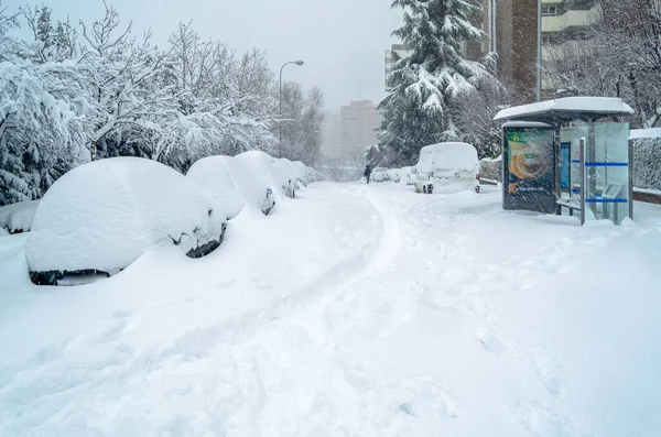 Madrid España Enero 2021 Parada Autobús Vista Durante Tormenta Filomena — Foto de Stock