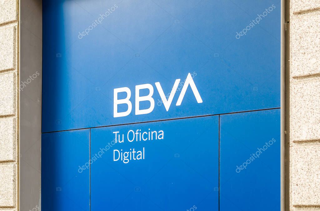 MADRID, SPAIN - MAY 12, 2021: BBVA (Banco Bilbao Vizcaya Argentaria) bank branch office in Madrid, Spain. BBVA is a Spanish multinational financial services company