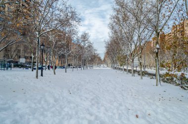 MADRID, İspanya - 10 Ocak 2021: Madrid sokakları Fırtınalı Filomena 'dan sonra son 50 yılın en yoğun kar yağışı ile kaplandı