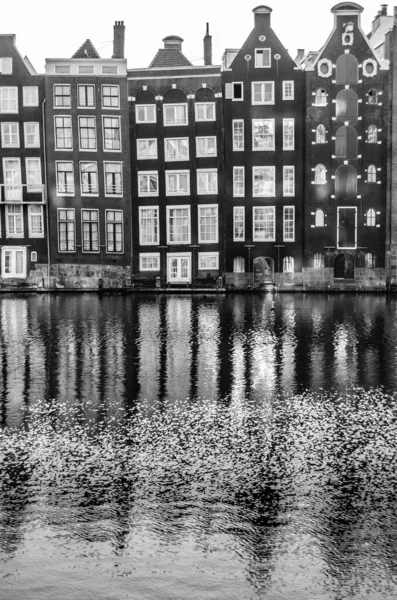 Häuser Kanal Und Ihre Spiegelung Wasser Amsterdam Niederlande Schwarz Weiß — Stockfoto