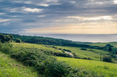 Gün batımında Cantabria 'nın yeşil sahili.