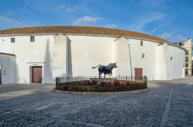 RONDA, SPAIN - 27 Ocak 2020: Savaşçı Boğa Anıtı (Monumento al Toro de Lidia), İspanyol heykeltıraş Nacho Martin 'in 2005 yılında Malaga' nın Endülüs kenti Ronda kentinde bulunan Plaza de Toros 'a monte edilmiş bronz boğa heykeli.