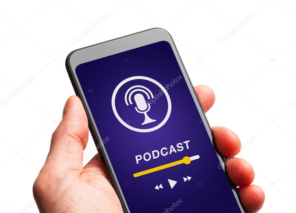 Hand Holding Smart Phone with Podcast Playing.