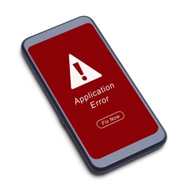 Smart Phone with a Application Error Message and Icon with Fix Now Button Cut Out on White. clipart