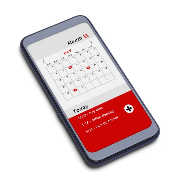 Smart Phone with Monthly Calendar and Planned Events Cut Out on White.