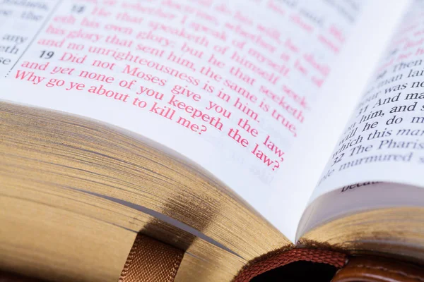 Bíblia Aberta Com Close Escritura Texto — Fotografia de Stock