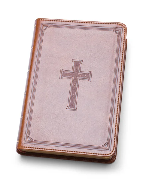 Biblia Cuero Con Cruz Relieve Cubierta Recortada Imagen de stock