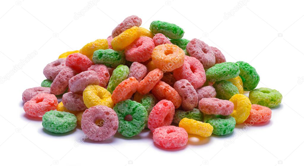 Pile of Fruit Ring Cereal Cut Out on White.