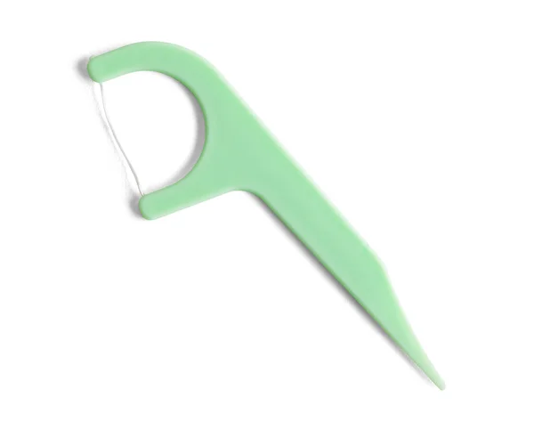 Green Plastic Dental Floss Pick Cut Out White — Stock Photo, Image