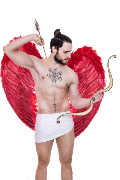 Handsome young guy dressed like Cupid with bow and arrows. Valentine, Archangel, Angel — Stock Photo, Image