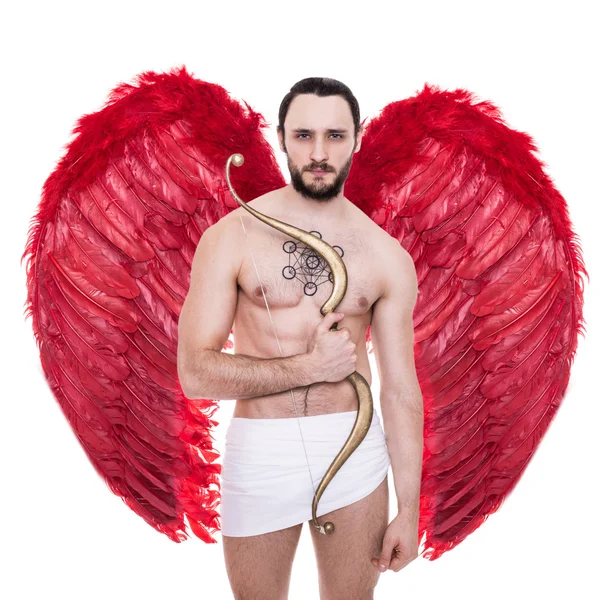 Sexy adult Cupid with big red wings. Valentine, Archangel, Angel — Stock Photo, Image