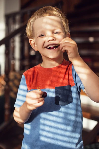 Happy little toddler boy eat berry. Outdoor portrait — Stock Photo, Image