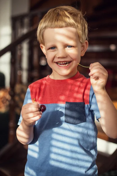 Happy little toddler boy eat berry. Outdoor portrait — Zdjęcie stockowe