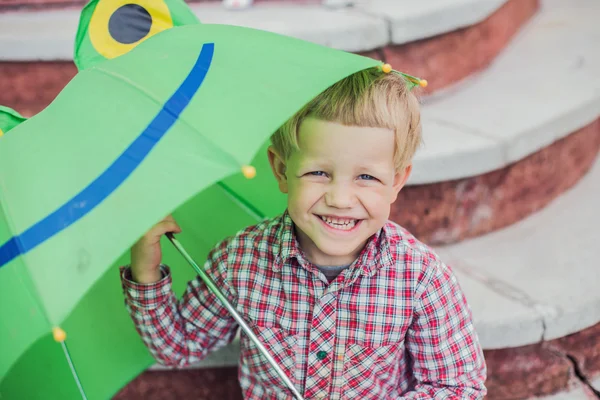 Adorable toddler boy with green frog umbrella — Stok fotoğraf