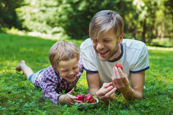Il giovane padre e suo figlio mangiano fragole a Park. Picnic — Foto Stock
