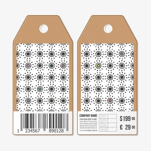 Diseño de etiquetas vectoriales en ambos lados, etiquetas de venta de cartón con código de barras. Patrón de flores abstractas. Simple negro monocromo vector textura — Vector de stock