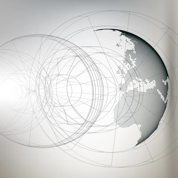 Globo mundial pontilhado tridimensional com construção abstrata em fundo cinza, ilustração vetorial — Vetor de Stock