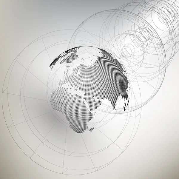 Dreidimensional gepunktete Weltkugel mit abstrakter Konstruktion auf grauem Hintergrund, Vektorillustration — Stockvektor