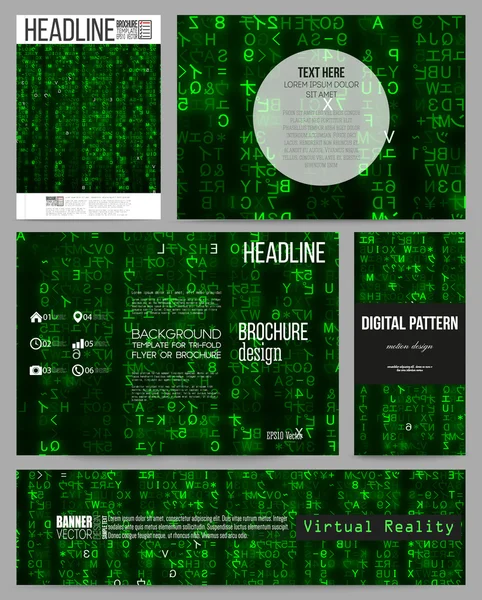 Set bedrijfssjablonen voor presentatie, brochure, flyer of boekje. Virtual Reality, abstracte technologie achtergrond met groene symbolen, vector illustratie — Stockvector