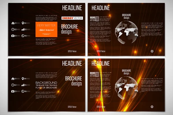 Set van Tri-Fold brochure ontwerpsjabloon aan beide zijden met World Globe element. Abstracte lijnen achtergrond, dynamische gloeiende decoratie, motion design, energie stijl vector illustratie — Stockvector
